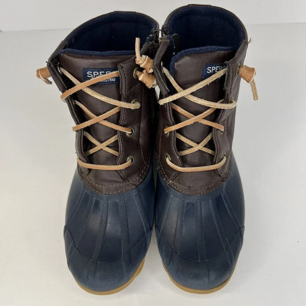 Sperry Saltwater Waterproof Leather Upper Rain Boots Womens Size 5 Brown Navy